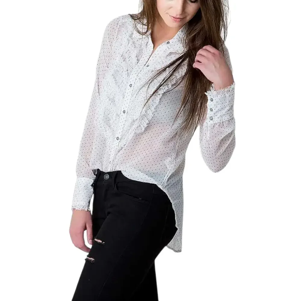 FREE PEOPLE Polka Dot Chiffon Sheer Tux Top Sz M White/Black Boho Retro Coastal